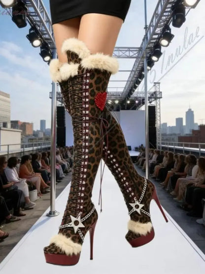 Y2K Style Leopard Over Knee High Heel Boots Ladies Faux Fur Heart Print Star Chain Peep Toe Lace‑Up Platform Stiletto Sexy Boots