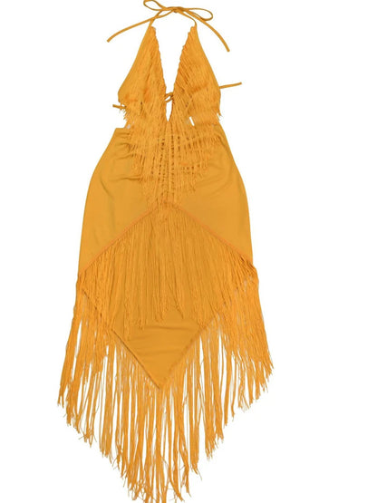 Kricesseen Sexy Solid Plunging V-Neck Fringe Backless Maxi Dress Women Halter High Slit Tassel Long Dress Party Clubwear Bodycon