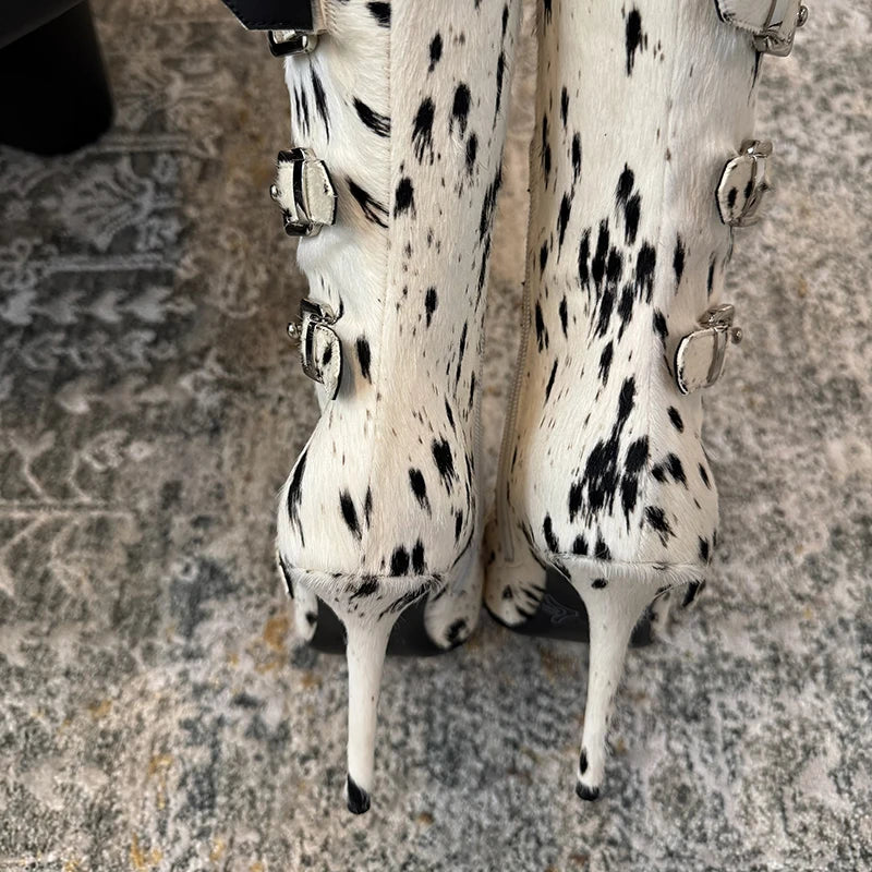 High Qaulity Horsehair Patchwork Thin High Heel Long Boots Women Pointed Toe Lace Up Sexy Fashion Women Boots For 2025 Autumn