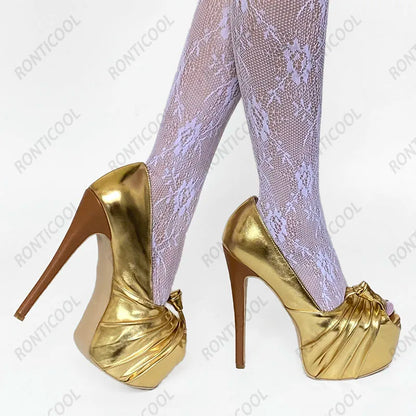 Ronticool New Fashion Women Platform Pumps Stiletto Heels Peep Toe Gorgeous Gold Party Shoes US Plus Size 5-20