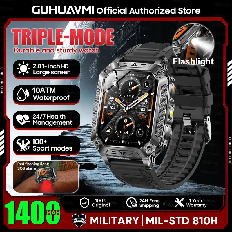 2026 New Military outdoor 1400mAh Battery SmartWatch Men Waterproof Call 2.01" HD AMOLED Sports Heart rate Flashlight Smart Band