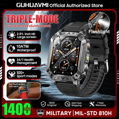 2026 New Military outdoor 1400mAh Battery SmartWatch Men Waterproof Call 2.01" HD AMOLED Sports Heart rate Flashlight Smart Band