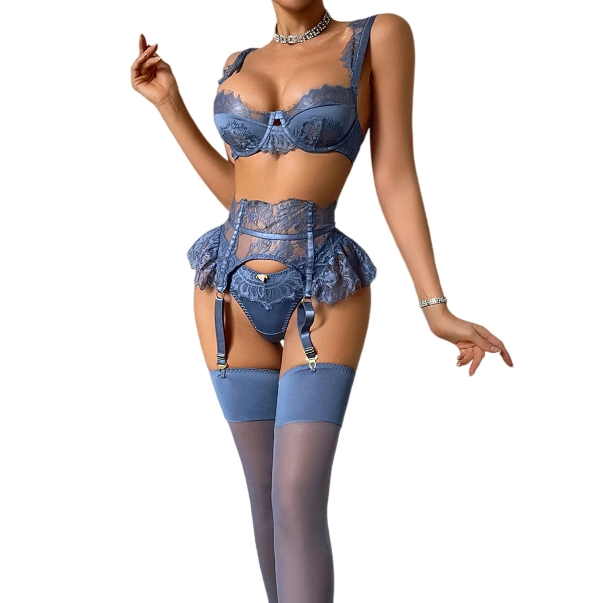 Sexy Blue Eyelash Lace Lingerie Set 4Pcs Satin Bra Peplum Ruffle Garter Belt with Rosebud Panties Stockings Women Nightwear