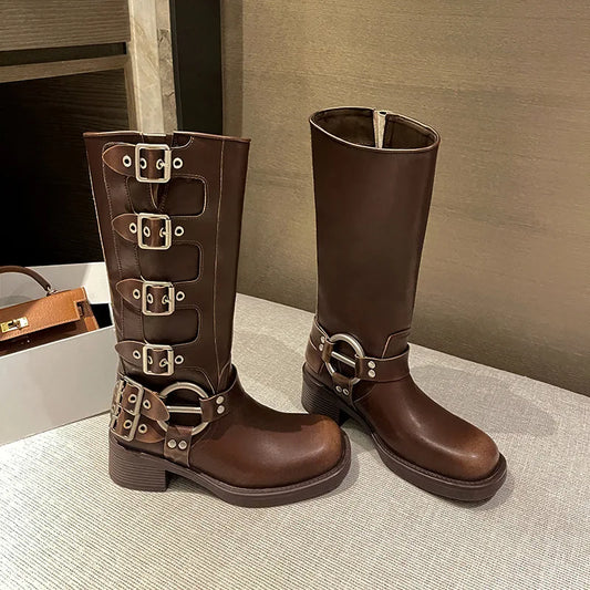 Motorcycle riding boots brown retro knight boots thick heel women's belt buckle high motorcycle travel boots