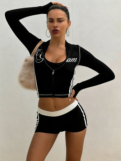 Kliou Casual Sporty 2 Piece Set Woman Letter Print Zip Cardigan Full Sleeve Hooded Jacket+Contrast Patchwork Shorts Simple Suits