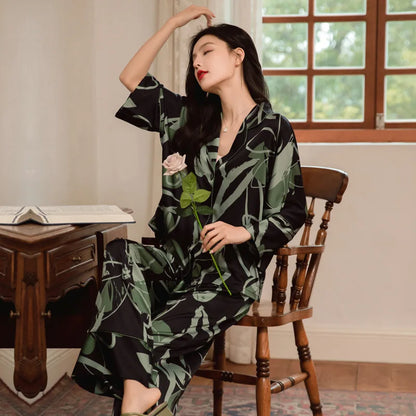 Premium Women's Ice Silk Pajama Set Lightweight Long Sleeve Loungewear Fashionable Silk Design Luxurious Comfort for Homewear