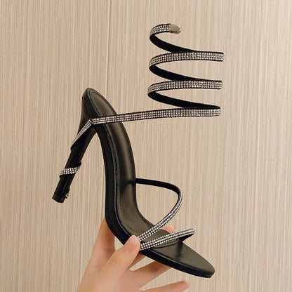 Luxury Crystal Snake Coiled Women Sandals Sexy Narrow band Thin High heels Wedding Party Female Gladiator Sandals Summer Shoes