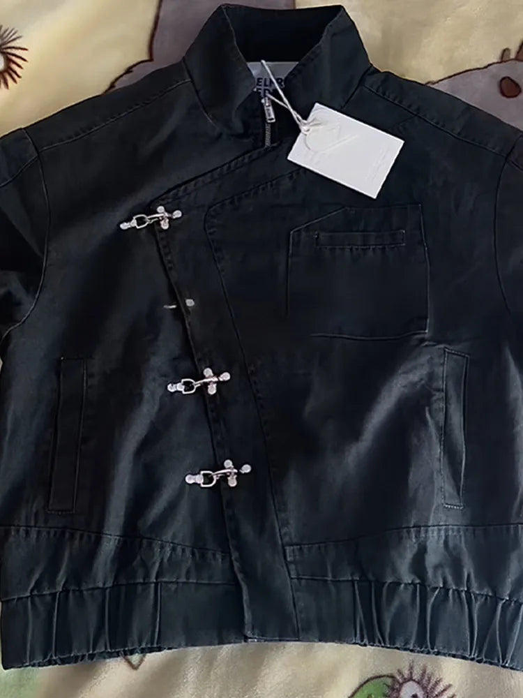 Women' S Vintage High Neck Jacket Metal Buckle Zipper Loose Coat Full Sleeve Outwears 2025 New Lady Fall Winter Streetwears