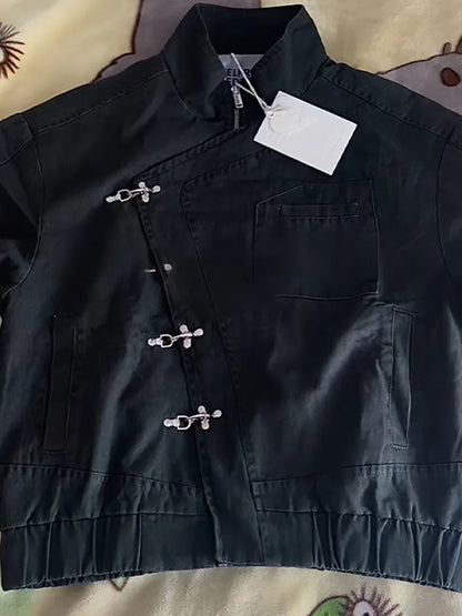 Women' S Vintage High Neck Jacket Metal Buckle Zipper Loose Coat Full Sleeve Outwears 2025 New Lady Fall Winter Streetwears