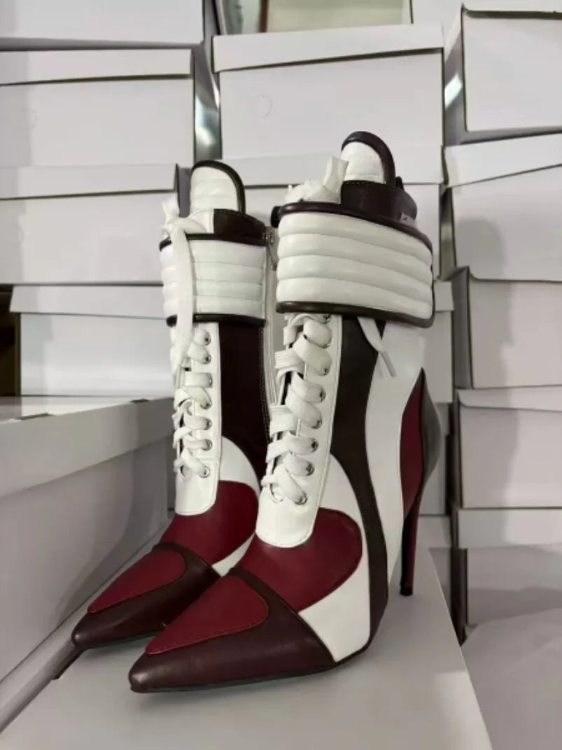 Women's Music Festival Color Blocked Pointed Sports Style Stiletto High Heels Short Boots Fashion Large 44 Women's Short Boots