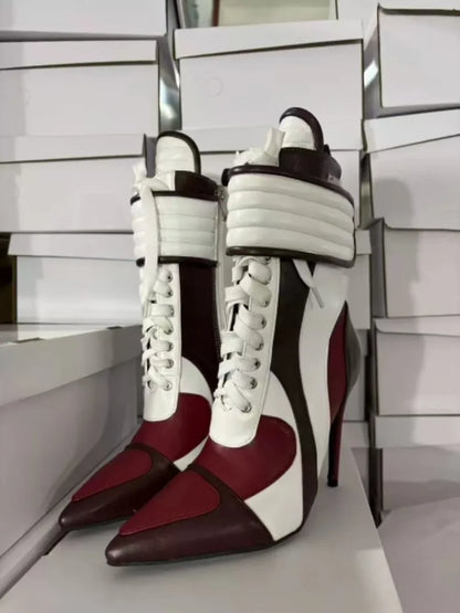 Women's Music Festival Color Blocked Pointed Sports Style Stiletto High Heels Short Boots Fashion Large 44 Women's Short Boots