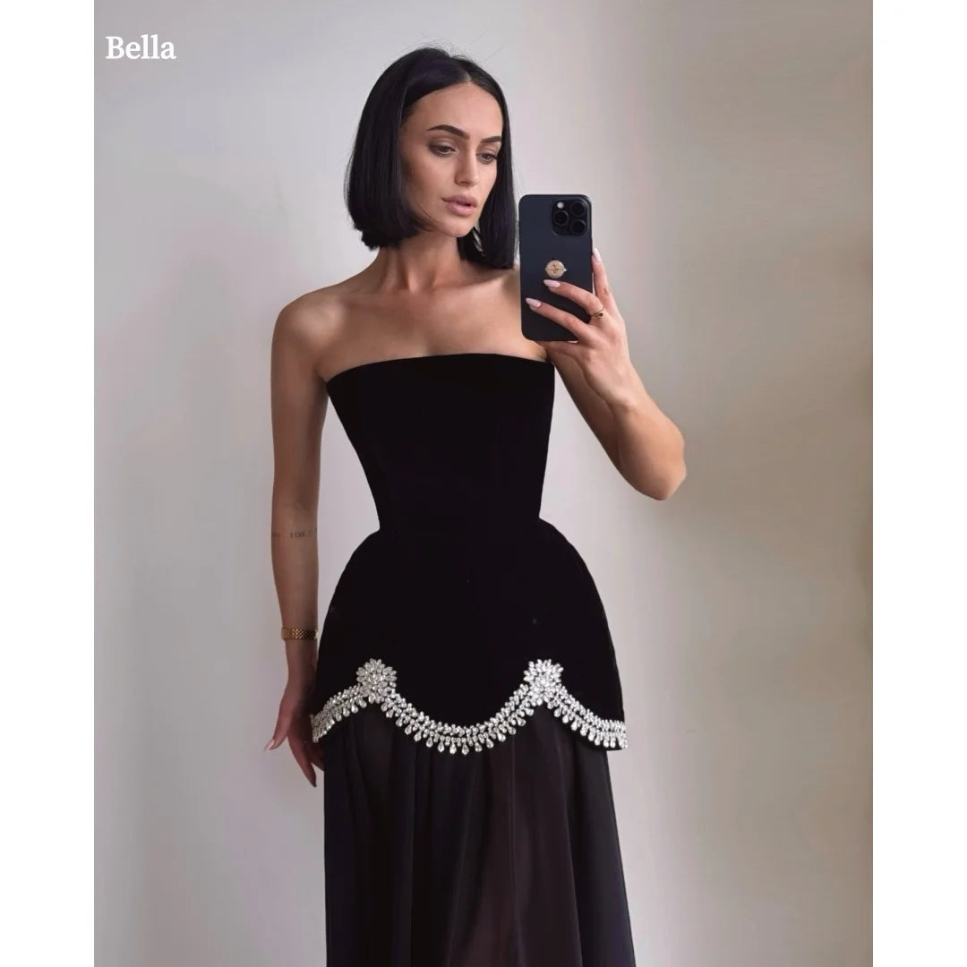 Bella Customized Black Glitter Strapless Backless robes de soirée SleevelessA-line Party Dresses Floor-Length Prom Dress 2026