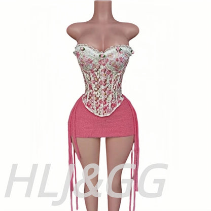 HLJ&GG Sweet Lace Flower Embroidery Corset Two Piece Sets Women Off Shoulder Bandage Slim Top And Tassel Mini Skirts Streetwear