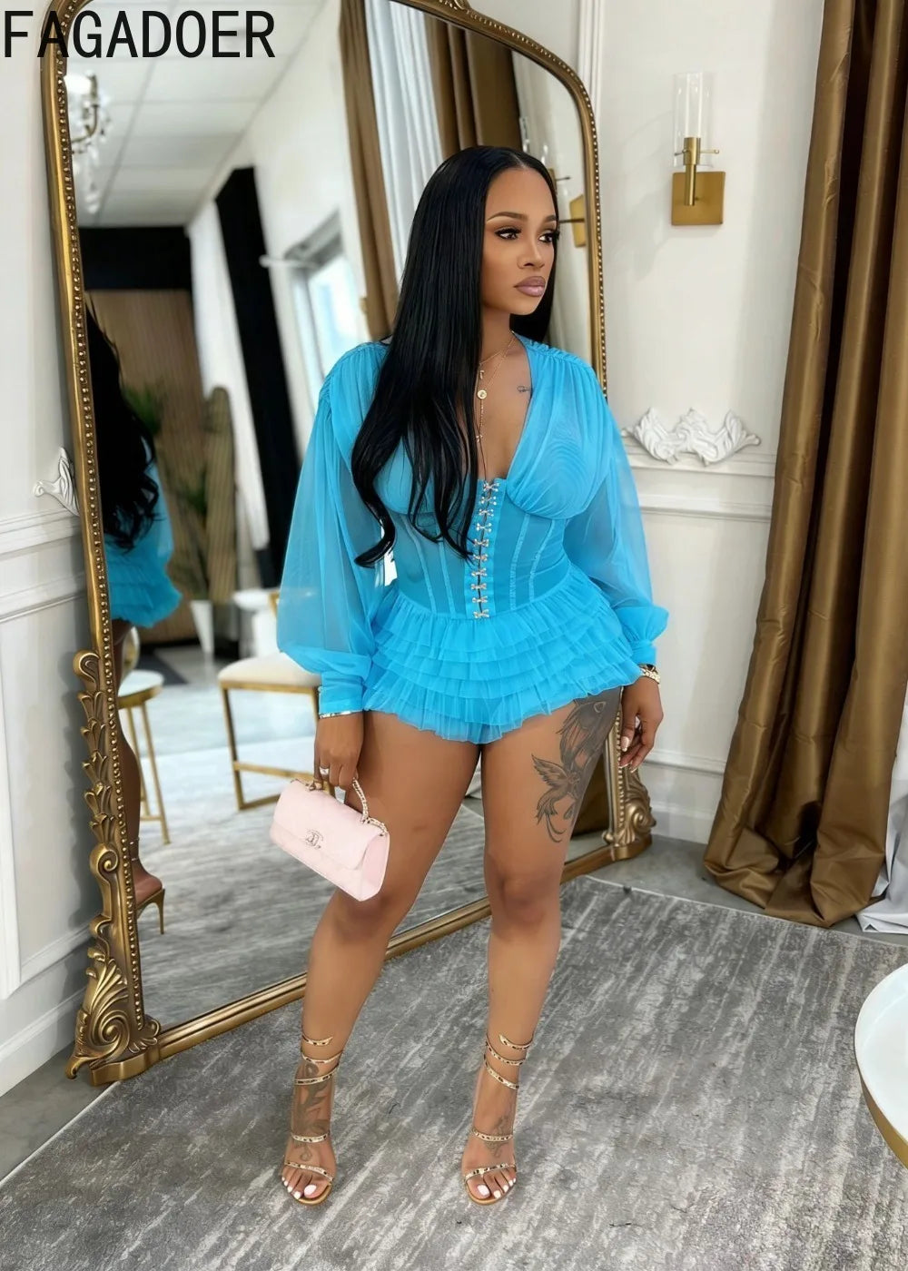 FAGADOER Sexy Mesh Ruched Patchwork Bodycon Rompers for Woman Solid Color See Through Long Sleeves Jumpsuits Female Streetwear