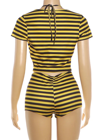 Nibber Bikini Suit Woman Stripe Patchwork Lace-Up Halter Bra Tops+Low-Neck Short Sleeve T-Shirt+Mini Shorts Sexy 3 Piece Set