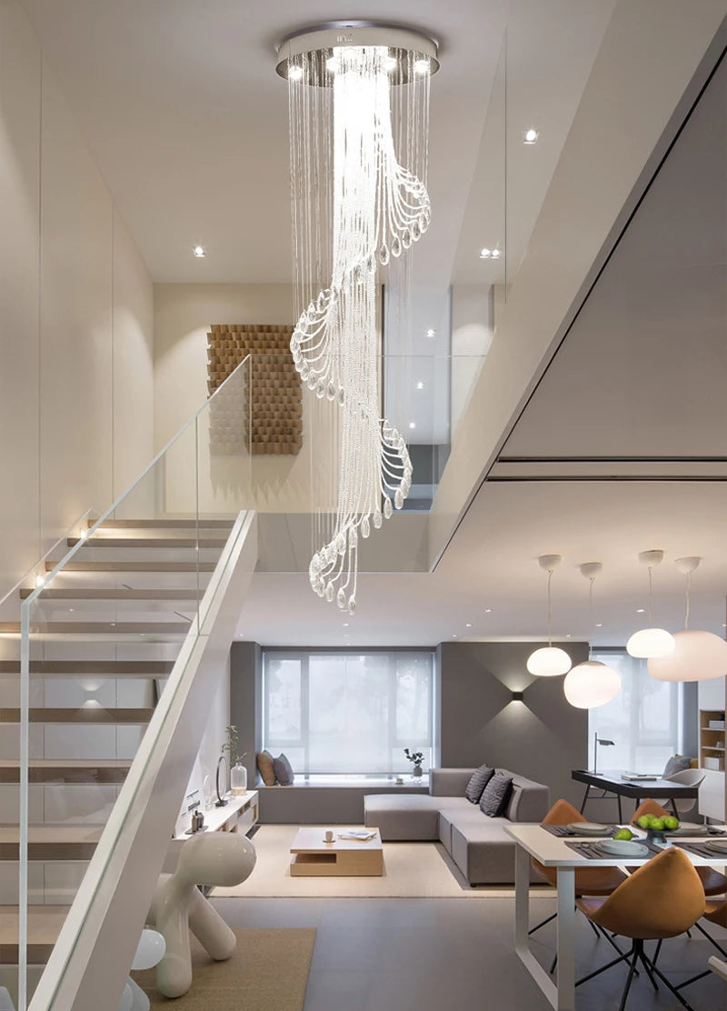 Modern Room Lights Spiral K9 Crystal Chandelier Staircase Creative LED Hanging Lamp Hotel Villa Decoraction Large Pendant Light