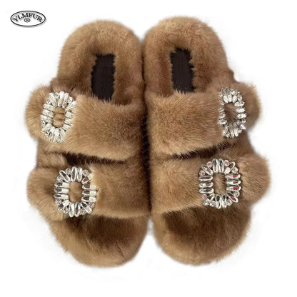 2025 New Women Fur Slippers Shoes Women Warm Winter Crystal Fur Shoes For Women Slippers Casual Plush Comfortable Mink Slippers