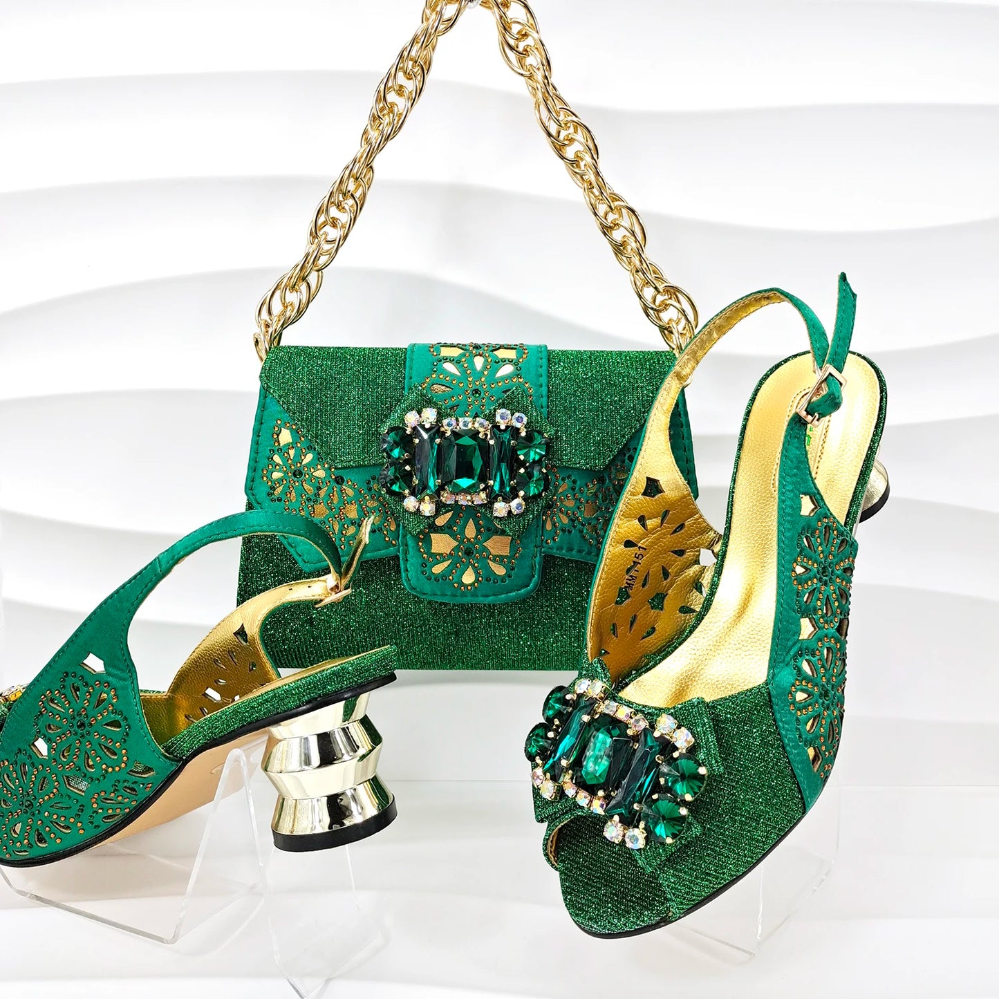 New Lady Style Shoes and Bag Set Round Heels Nigerian Fashion Diamond Decorated Women's High Heels Bag 5.5cm