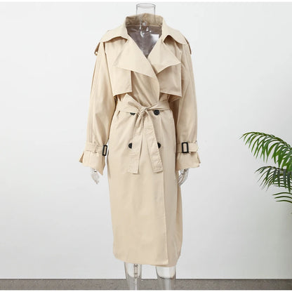Women Black Long Solid Color Trench Coat Stand Collar Loose Drop Shoulder Single-breasted Windbreaker Lady Commute Outing Wear