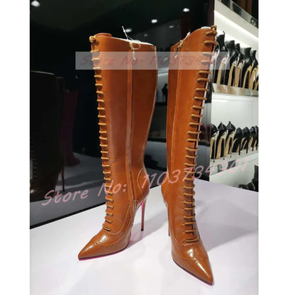 Pink Sole Zipper Knee Length Boots Women Sexy Nightclub Lace Up Pointy Toe High Heels Boots Lady Party Nifty Punk Fashion Shoes