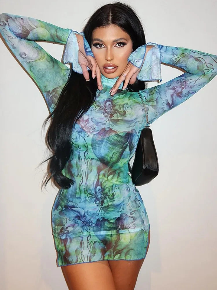 Flare Sleeve Color Printing Bodycon Dress Mini Women Clothing Turtleneck Sexy Streetwear High Waist Fashion One-Pieces Outfits