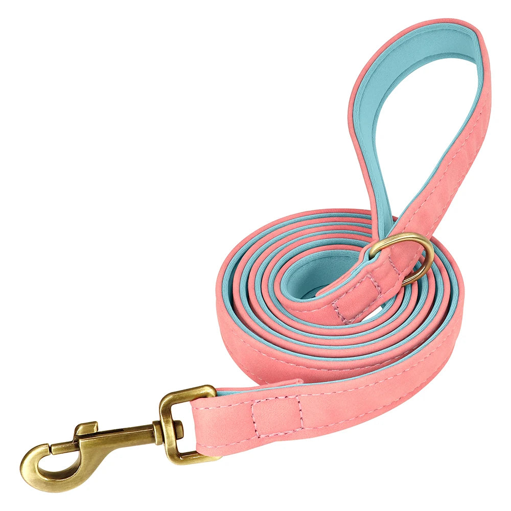 Personalized Dog Collar Leash PU Leather Dogs Collars Pet Rope Engraved Pet ID Name Necklace for Small Large Dogs Soft Padded