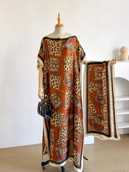 New 2026 African Women Dashiki Boho Print Maxi Dress Free Size Design with Scarf Loose Elegant Muslim Dubai Style
