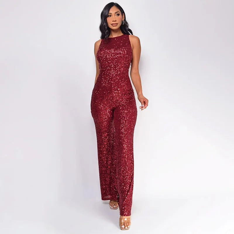 Bling Bling Sequined Club Jumpsuit Sexy Women O-neck Elegant Shiny Sliver Gold Sequins Straight Romper Overalls