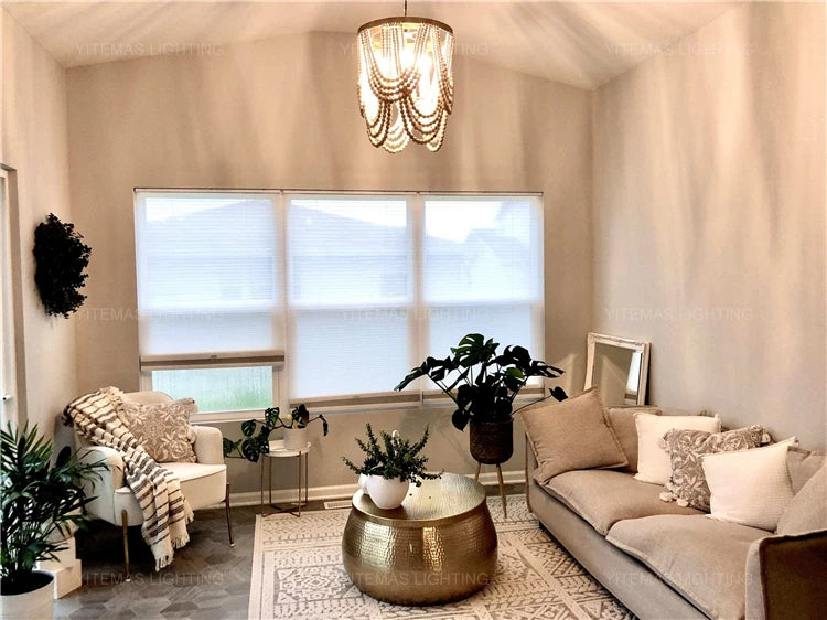 French Country white wood Bead Chandelier dining room bedroom princess Decorative chandelier 3/5 lights hanging light fixture