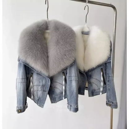 Winter Thickened Short Denim Jacket Fashion  Parkas Jeans Jacket Luxury Fur Coat Removable Fur Collar Cotton Jacket New