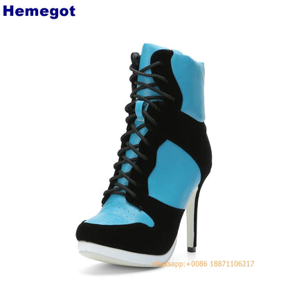Sports Lace Up Women's Short Boots 2024 Thick Sole Round Toe Mixed Color Stilettos Autumn Winter New Street Style Casual Rock Bo