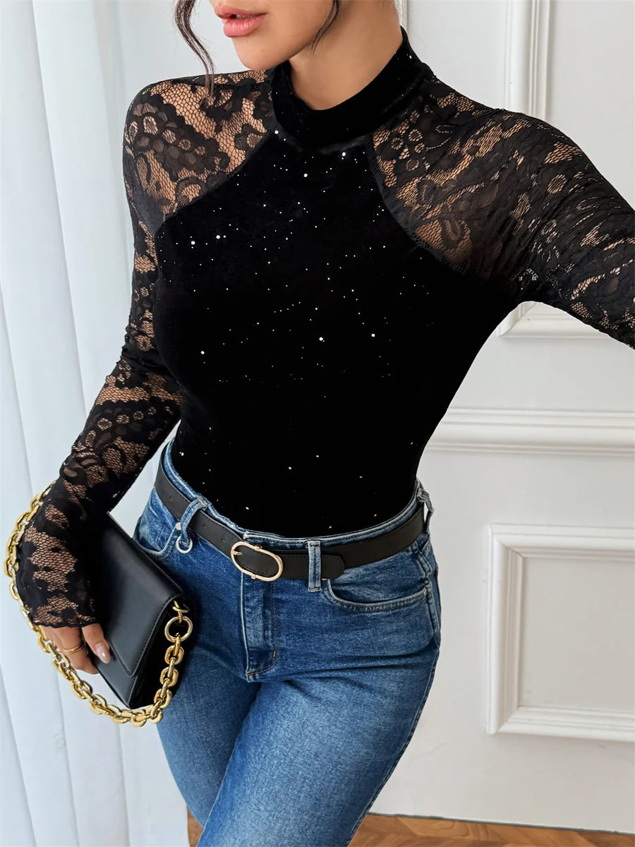 Benuynffy Mock Neck Long Sleeve Lace Body Top Women's Autumn 2025 Sexy Party Elegant Glitter Velvet Stretch Slim Female Bodysuit