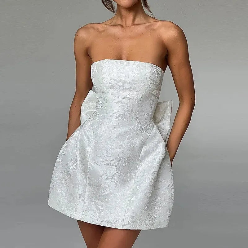 Evening Party Dresses Women 2026 Summer Sexy Fashion Bow Dress Elegant Jacquard Lace Up Backless Birthday Short Dress