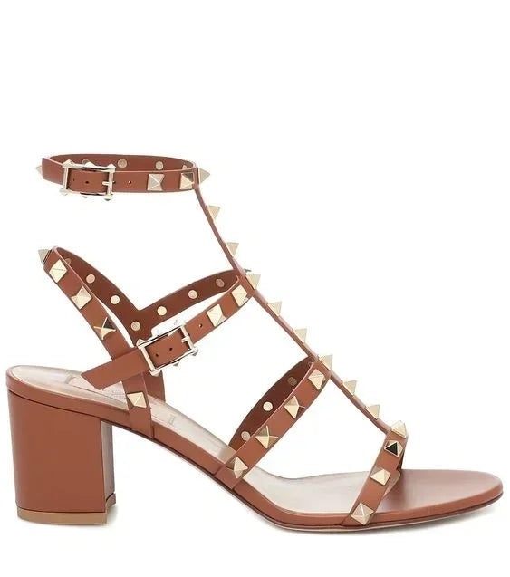 Rockstud Open Toe Block Heel Sandals Luxury Designer Ankle Straps Chunky Heels Women Summer Colorful Leather Pumps Dress Shoes