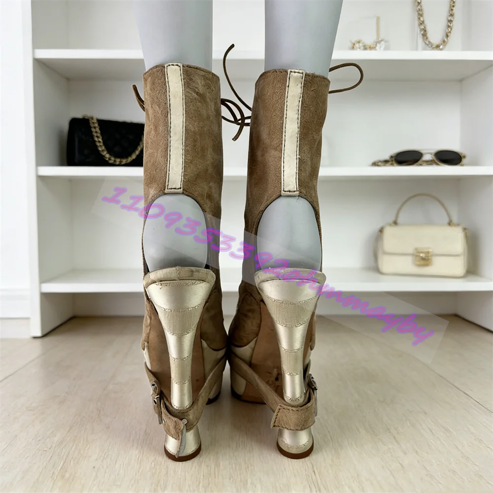 Khaki Faux Suede Platform Ankle Boots Round Toe Front Lace Up Back Cutout Buckle Strap High Heel Vintage Fashion Party Booties
