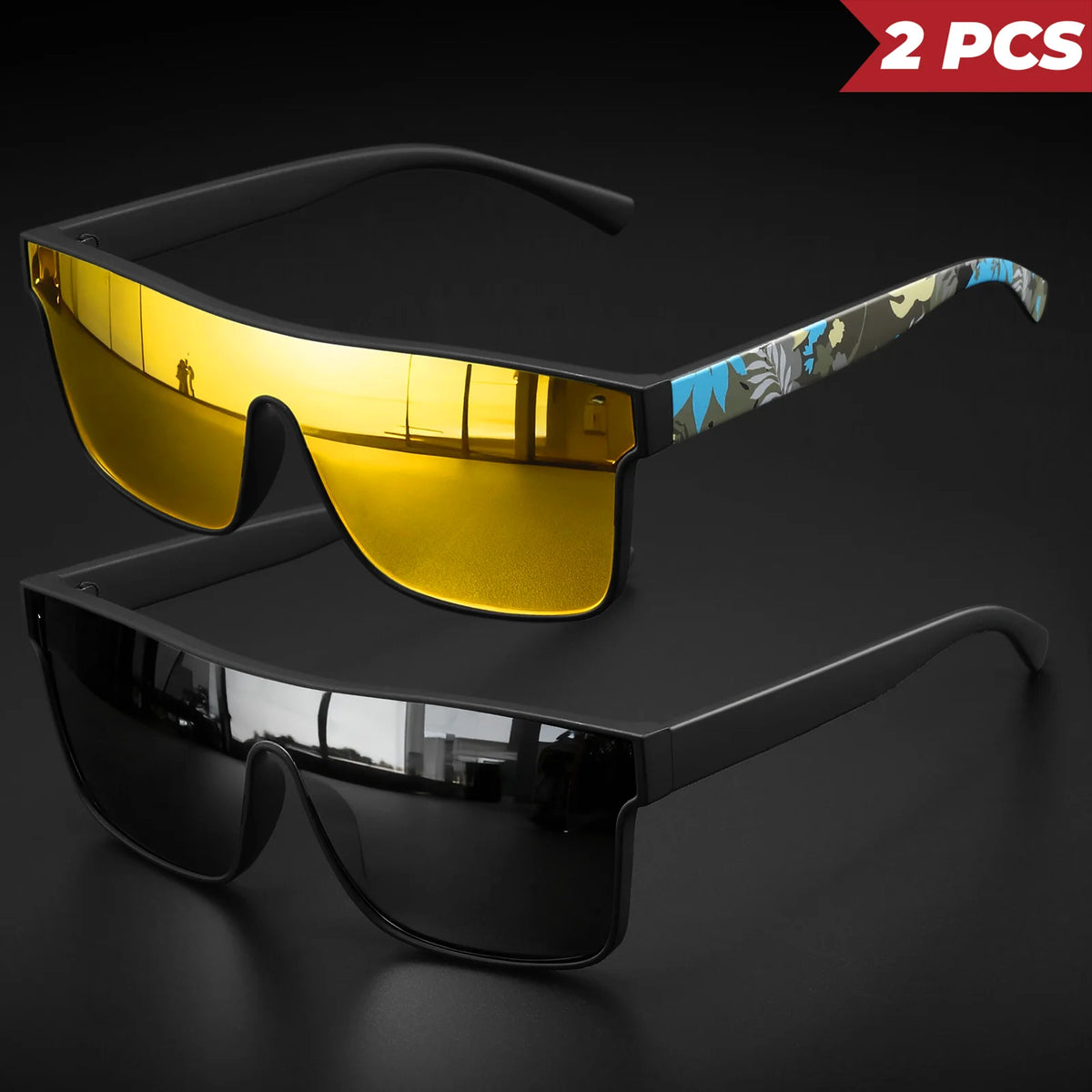 2PCS Classic Fashion Square Sunglasses - Patterned Temples, UV400 Unisex for Cycling, Running & Travel