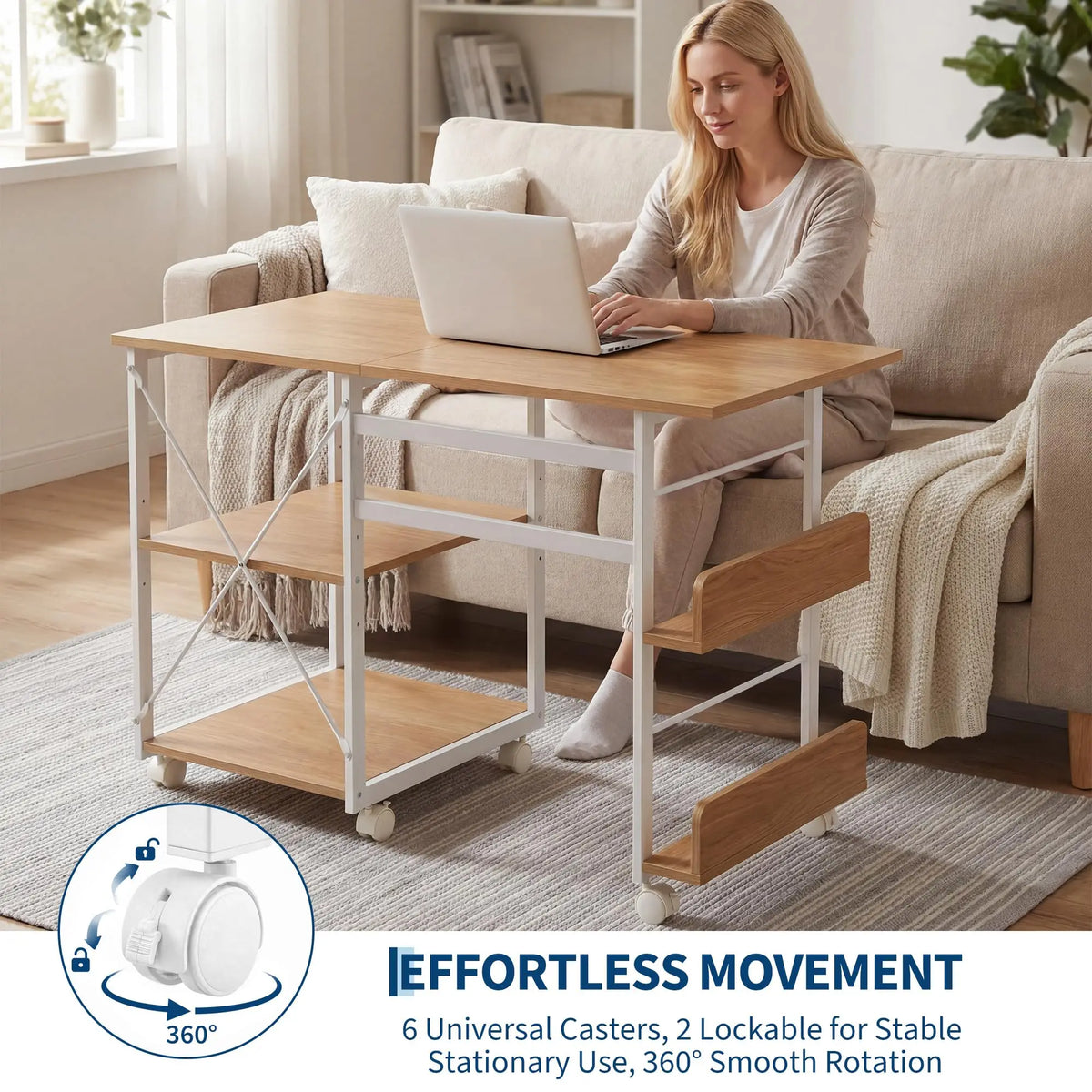 41inch Folding Computer Desk with Wheels, Space-Saving Mobile Home Office Writing Table, Storage Shelf, Side Organizer, Locking Rolling Casters