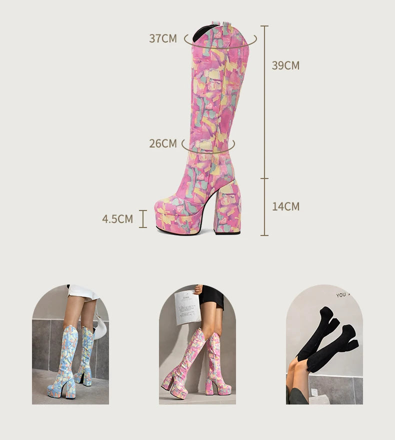 Super Waterproof Platform Strange Chunky Heel Graffiti Women's Boots Plush Inner Zipper Flock Material Knee Boots Plus Size