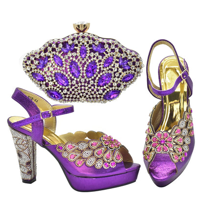 Fashion Italian Shoe and Bag Set for Party In Women Afrcan Party Shoes with Bag Set with Rhinetsone Luxury Shoes Women Designers