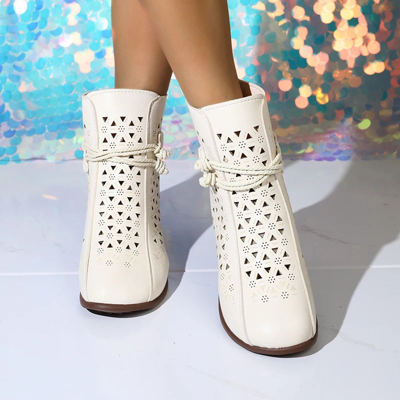 2025 Summer New Women's Fashion Hollow-Out Soft Sole Mid-Heel Ankle Boots, Retro Breathable Comfortable Shoes