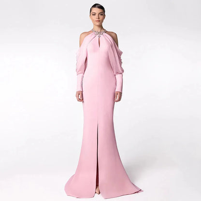 Fashionable wedding socialite long dress, evening gown, women's dress, celebrity studded diamond long sleeve party dress