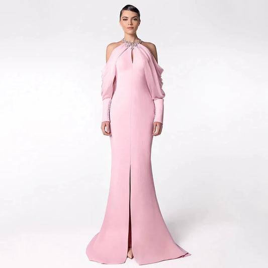 Fashionable wedding socialite long dress, evening gown, women's dress, celebrity studded diamond long sleeve party dress