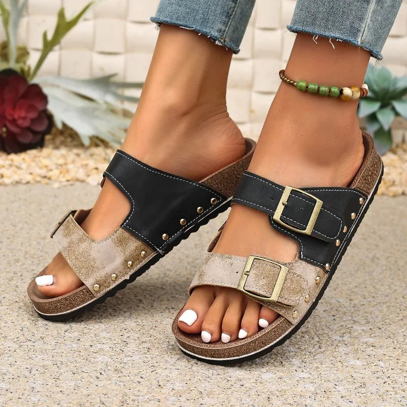 Women's Luxury Metal Buckle Decorated Slippers New Retro Thick-Soled Casual Shoes Summer Outdoor Vacation Beach Slippers Size43