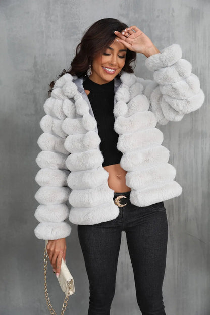 2026 Winter Hooded Plus Size Faux Fur Cropped Coat Women Furry Long Sleeve Plush Jacket Lady Large Fake Fur Warm Fluffy Cardigan