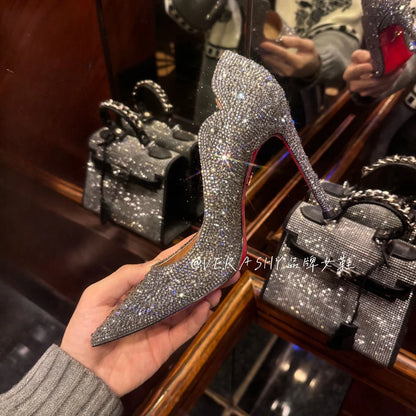 High Heels Women 2025 Spring New gold Sexy Pointy French Thin With Single Shoes Women Crystal Wedding Shoes Women Red Sole Shoe