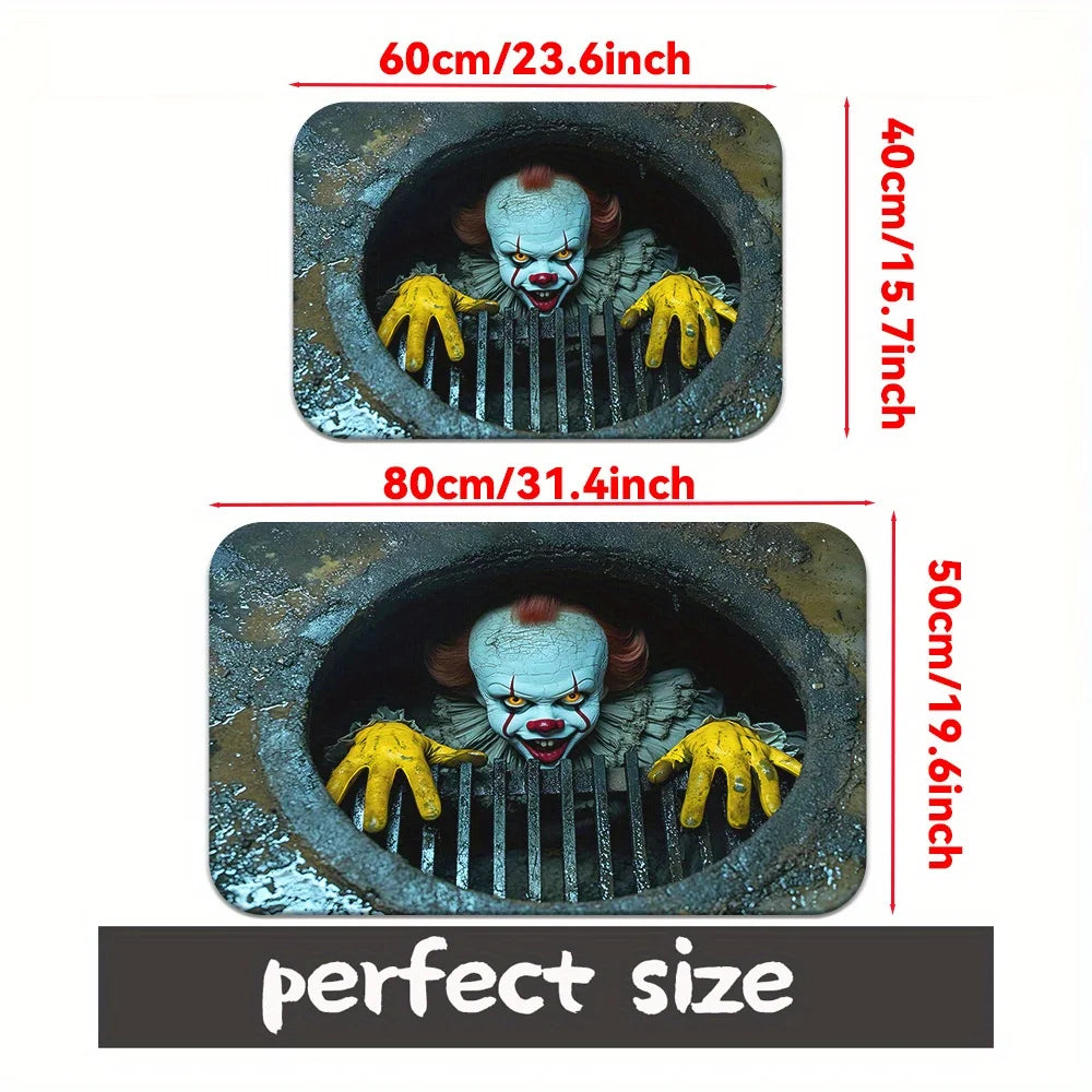 Sewer Terror Joker 3D Doormat, Polyester Non-Slip Absorbent Machine Washable Rug for Multi-Room Halloween Holiday Decor
