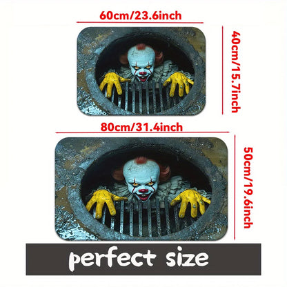 Sewer Terror Joker 3D Doormat, Polyester Non-Slip Absorbent Machine Washable Rug for Multi-Room Halloween Holiday Decor