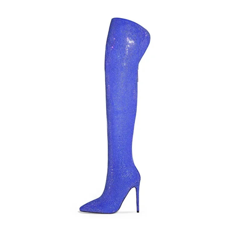 Silver Black Rhinestone 12cm High Heel Long Boots New Fashion Show Shiny Diamond Pointed Women's Over The Knee Boots Size 34-46