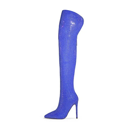 Silver Black Rhinestone 12cm High Heel Long Boots New Fashion Show Shiny Diamond Pointed Women's Over The Knee Boots Size 34-46