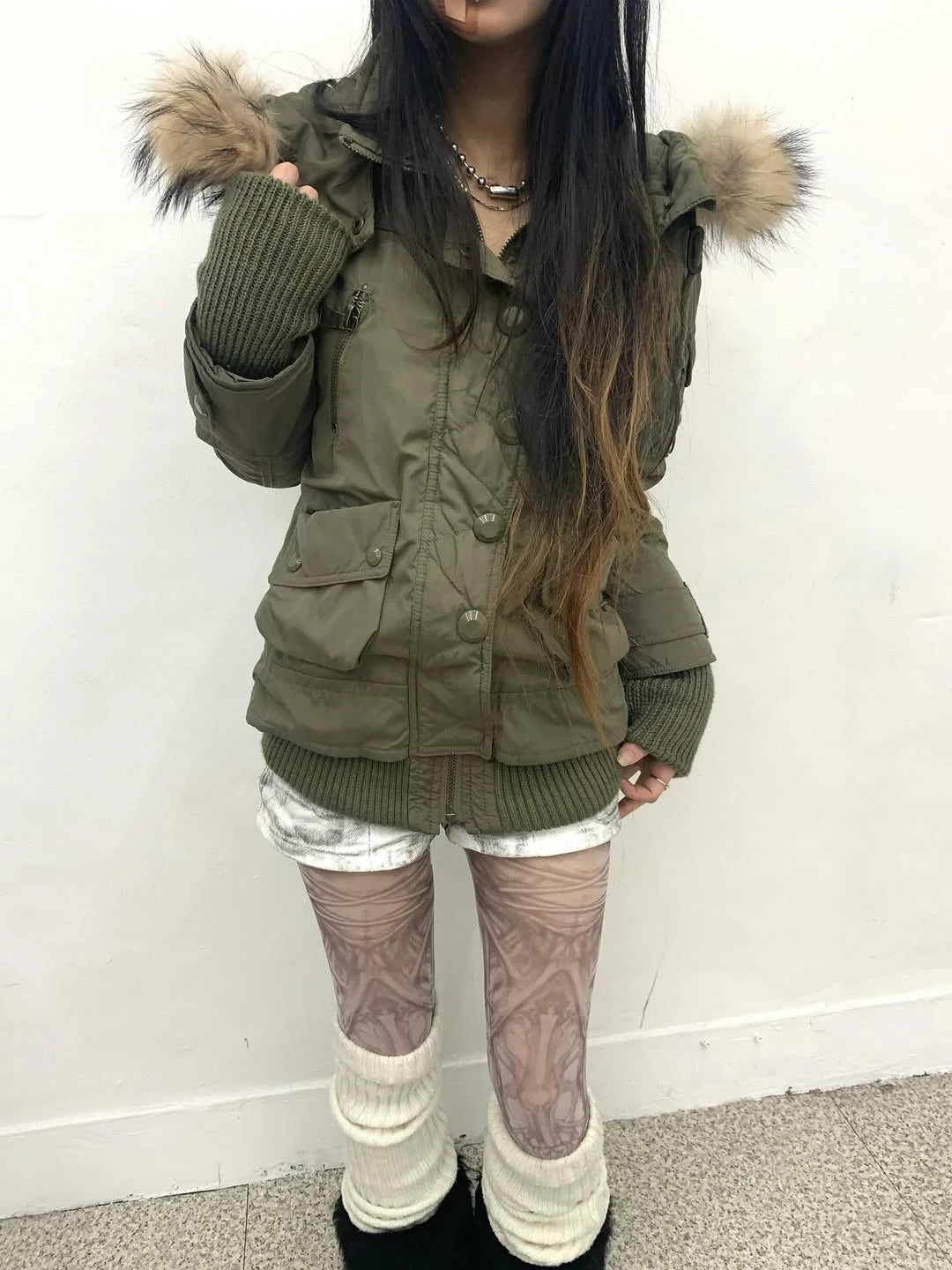 Women's Daily Commute Army Green Thicken with Fur Collar Warm Design Cardigan for Winter Harajuku Japanese Style Simple Jackets
